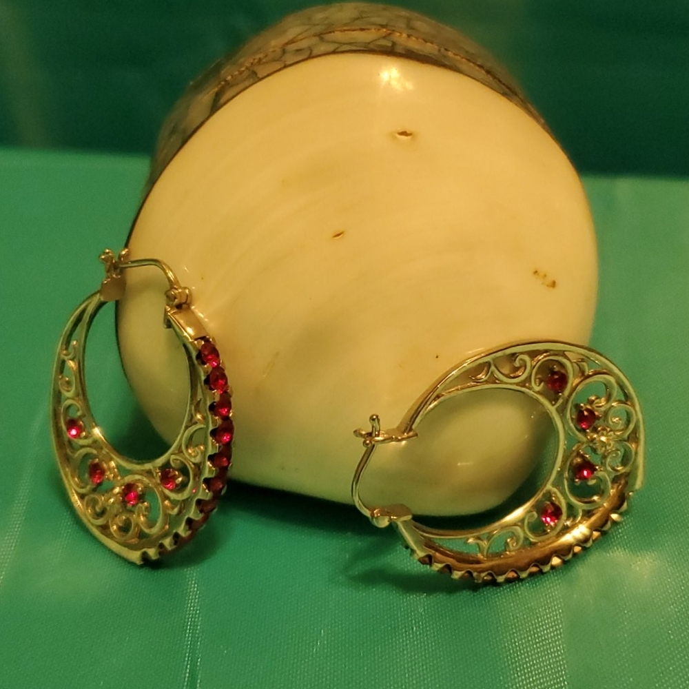 Womens Ruby Hoop Earrings, Ornate Design